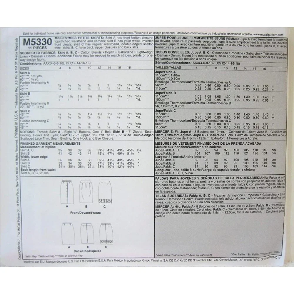 McCalls‎ Sewing Pattern 5330 Skirt Misses Size 4-10